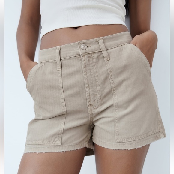 Zara trf high rise waist cargo shorts stone taupe gray 0 25 6688/001 - Picture 1 of 11